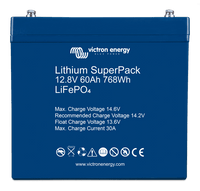 Front view of blue Victron Lithium SuperPack 12.8V 60Ah LiFePO4 battery