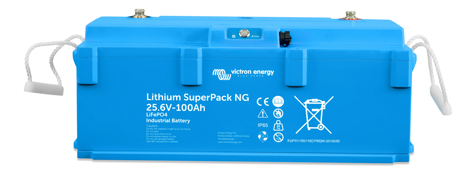 Front view of Victron SuperPack NG 25.6V 100Ah lithium battery with interface panel and rope handles