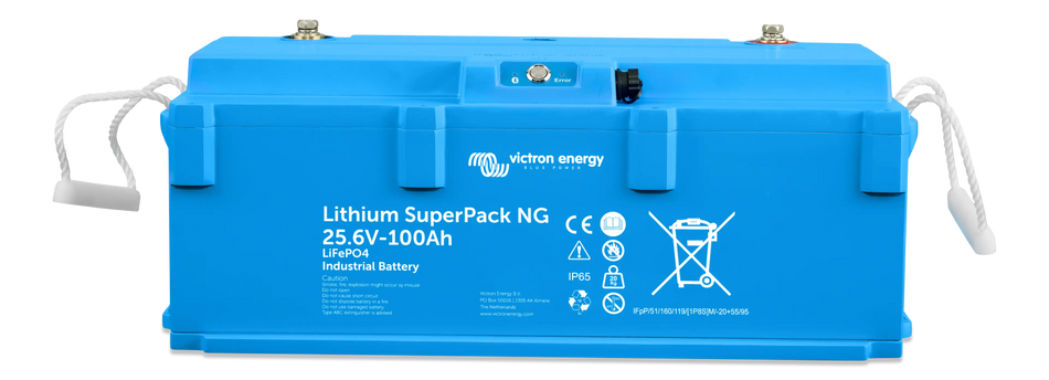 Front view of Victron SuperPack NG 25.6V 100Ah lithium battery with interface panel and rope handles