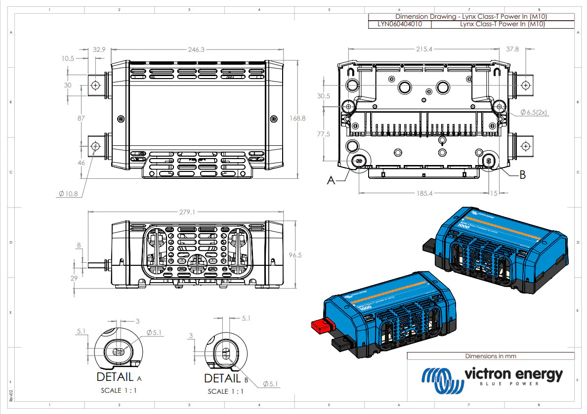 Technical dimension drawing of Lynx Class-T Power In with measurements in millimetres