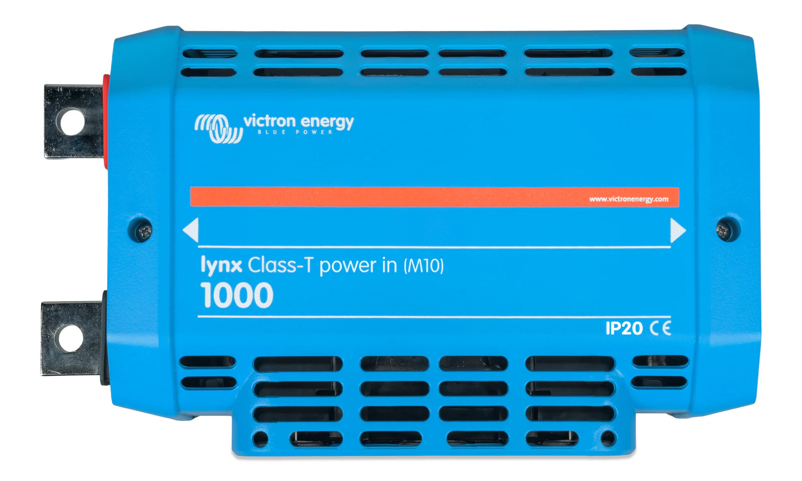 Front view of Victron Lynx Class-T Power In 1000A busbar system in blue enclosure