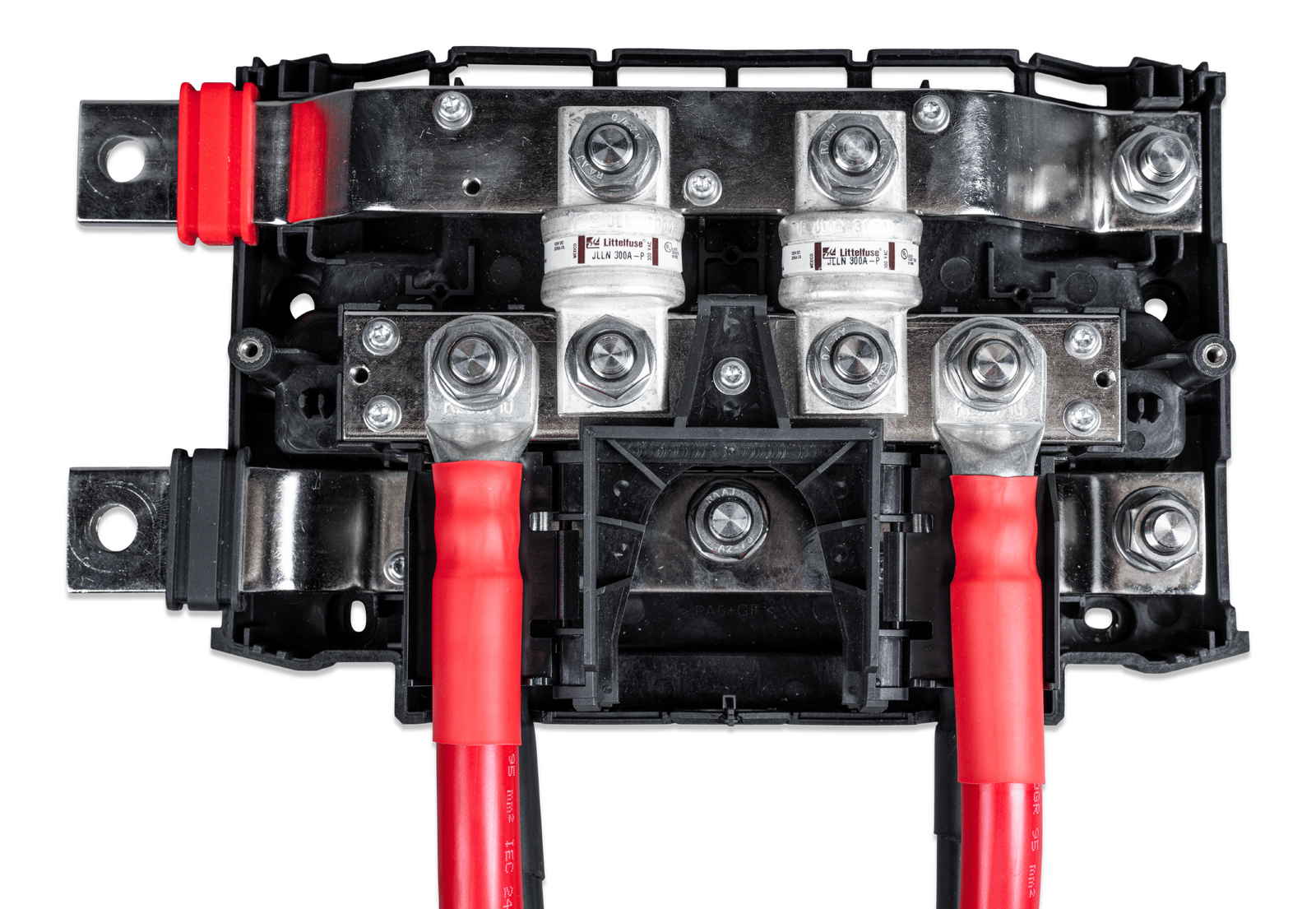 Internal view showing two 300A Class-T fuses and battery cables installed in the busbar