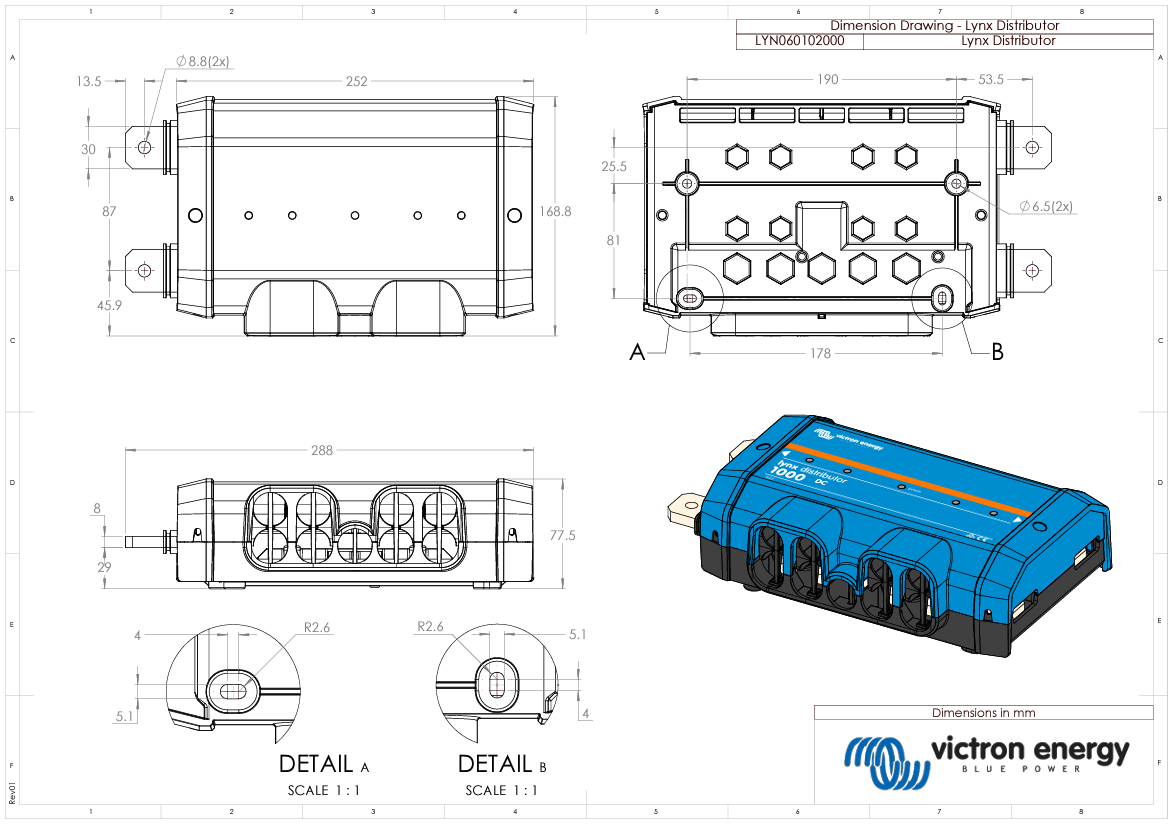 Dimensional drawing of Victron Lynx Distributor showing measurements in millimetres