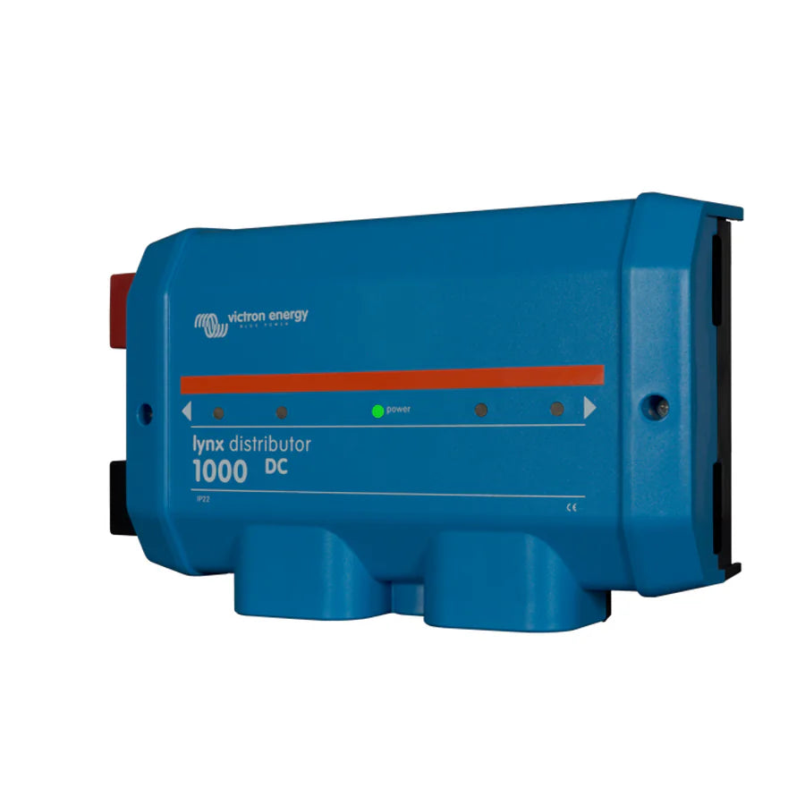 Perspective view of blue Victron Lynx Distributor 1000 showing terminal covers