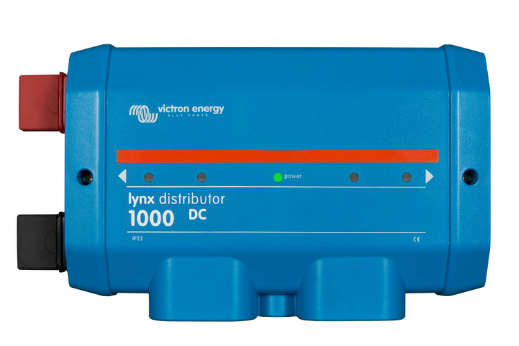 Front view of blue Victron Lynx Distributor 1000 DC busbar with power LED indicator