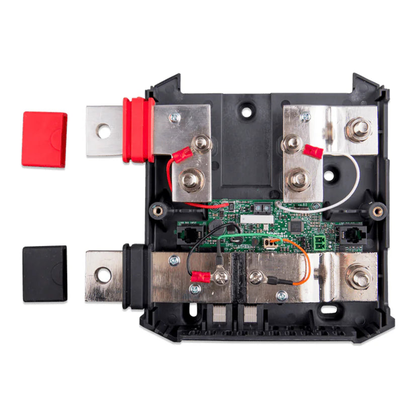 Top-down internal view of Lynx Shunt showing tinned copper busbars and green circuit board