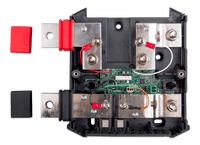 Top-down internal view of battery shunt showing tinned copper busbars and circuit board