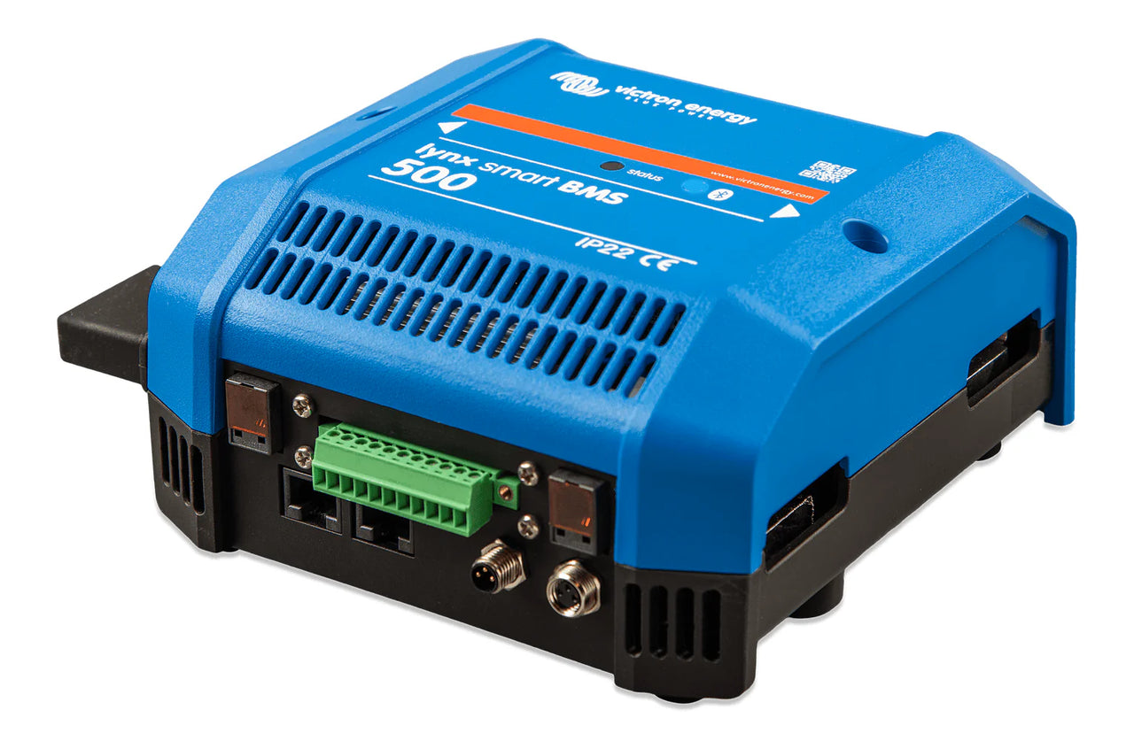 Isometric bottom view of blue Lynx Smart BMS unit showing cooling vents and port layout
