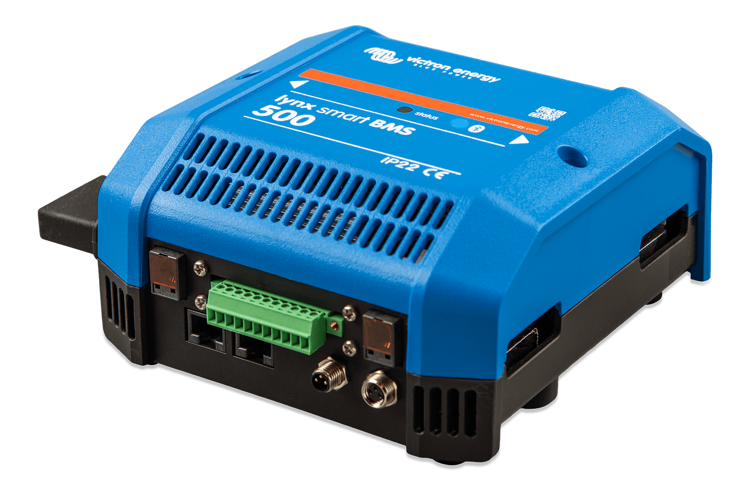 Side perspective of blue Victron Lynx Smart BMS 500 showing enclosure ventilation and design