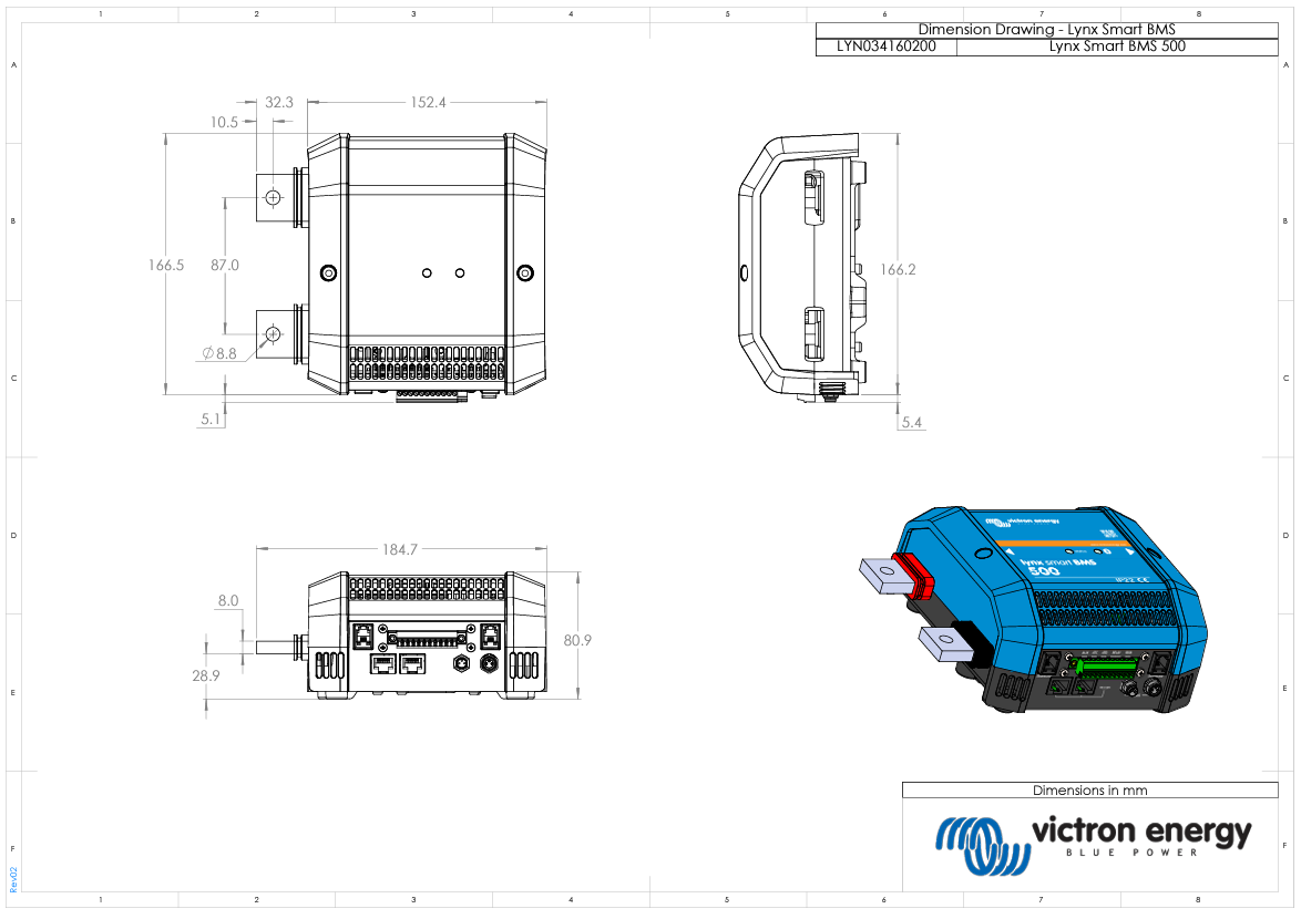 Dimensional drawing of Victron Lynx Smart BMS 500 showing top side and bottom views with metric measurements