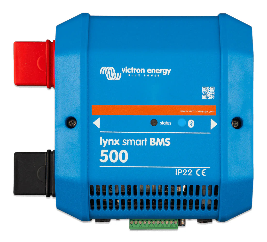 Front view of blue Victron Lynx Smart BMS 500 showing status indicators and enclosure vents