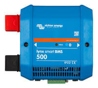 Front view of blue Victron Lynx Smart BMS 500 showing status indicators and enclosure vents