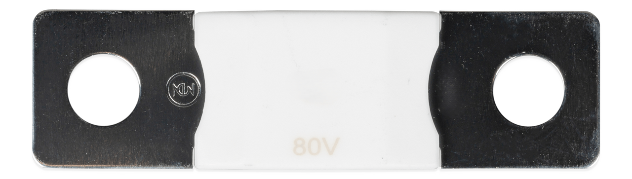 Top-down view of 200A 80V MEGA fuse showing the white ceramic housing and dual mounting holes