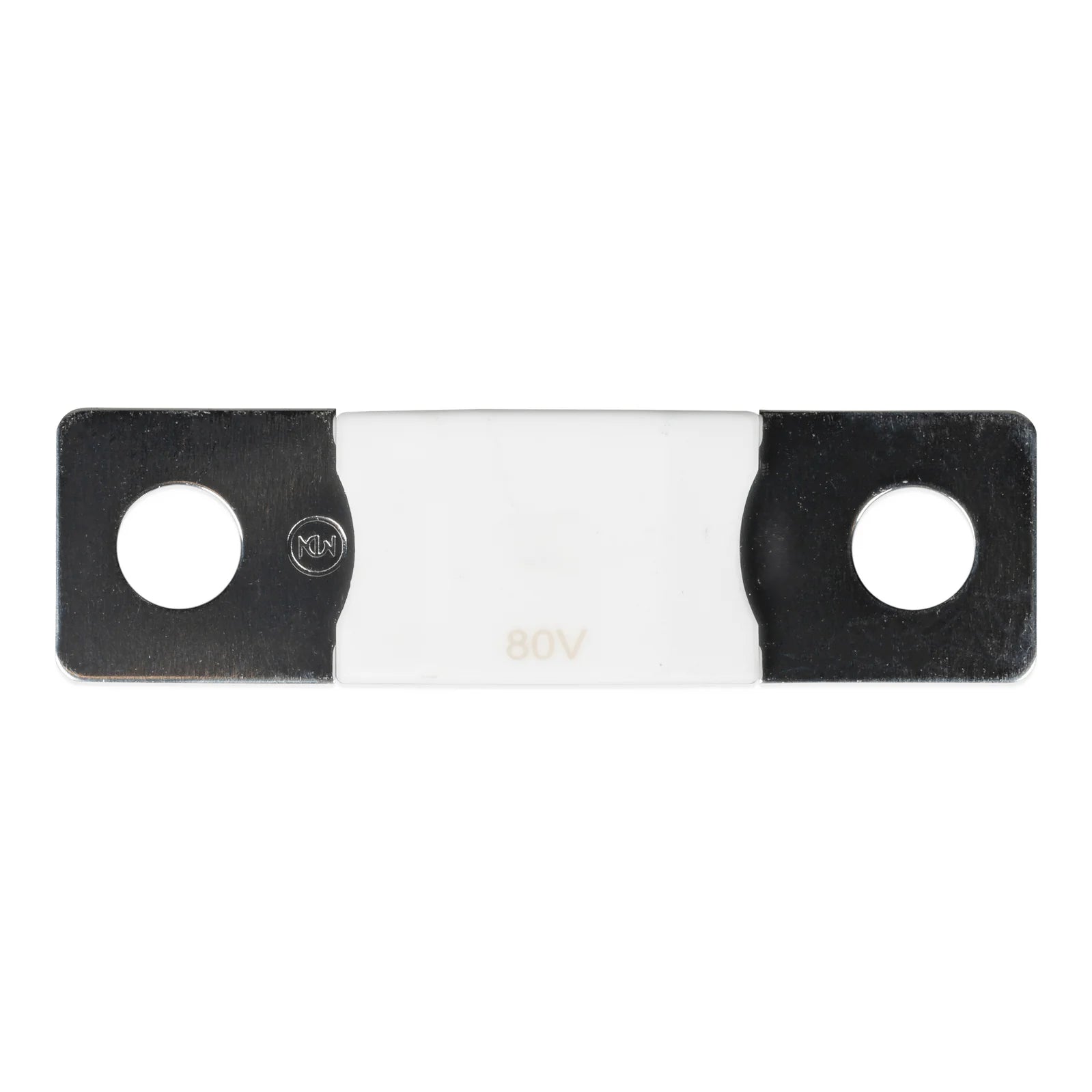 Top-down view of 40A 80V MEGA fuse showing the white ceramic housing and dual mounting holes