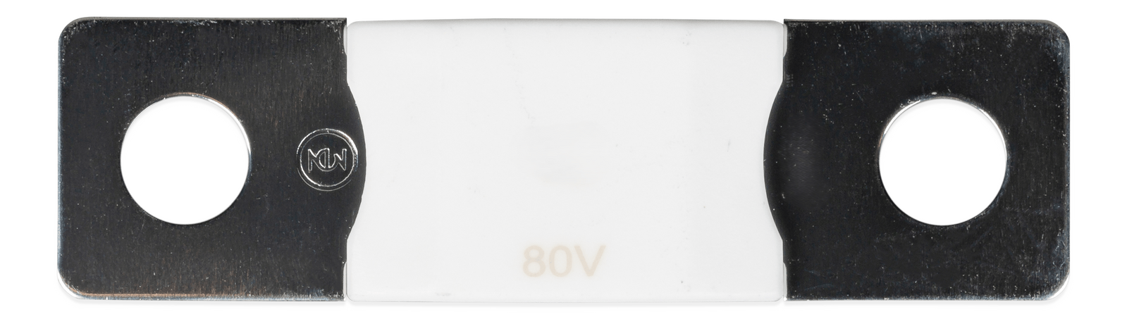 Top-down view of 60A 80V MEGA fuse showing the white ceramic housing and dual mounting holes