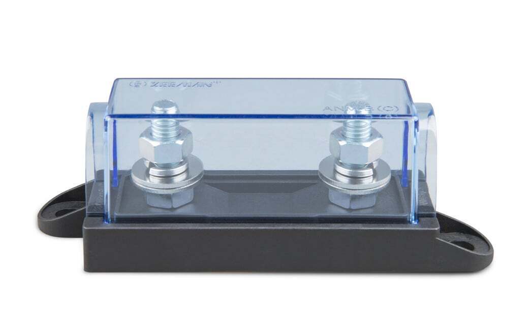 Victron MEGA fuse holder featuring a black plastic base and clear protective clip-on cover