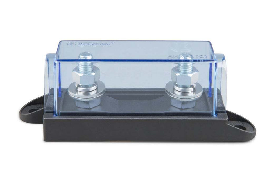 Victron MEGA fuse holder featuring a black plastic base and clear protective clip-on cover