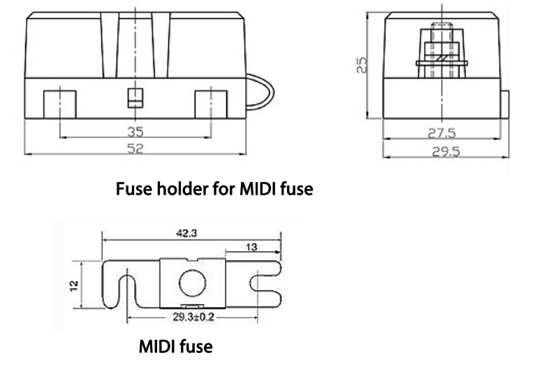 Technical dimensional drawing of a MIDI fuse and holder with metric measurements for 100A/32V model