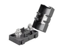 Black Victron MIDI fuse holder with open flip-top cover showing two threaded mounting studs