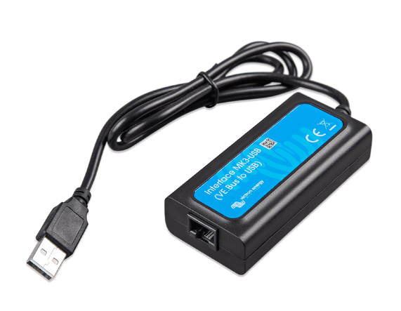 Angled view of MK3-USB interface box showing the RJ45 port for VE.Bus connection