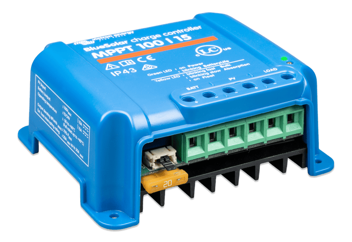 Side view of BlueSolar MPPT 100/15 controller showing technical specification label