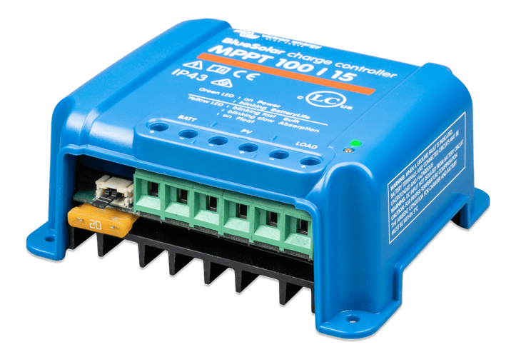 Perspective view of BlueSolar controller showing connection terminals and replaceable fuse