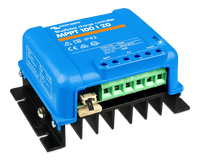 Side perspective of blue solar controller showing specifications label and mounting brackets