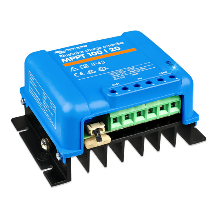 Side perspective of blue solar controller showing specifications label and mounting brackets