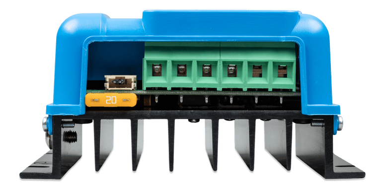 Close-up of bottom terminal block showing screw terminals and 20A fuse in the Victron MPPT 100/20
