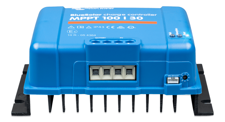 Low angle view of the Victron solar controller highlighting the terminal block and base heat sink