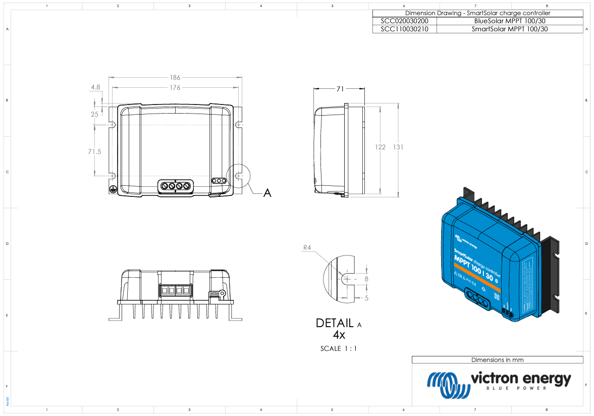 Engineering dimensional drawing of the BlueSolar MPPT 100/30 showing millimetre measurements