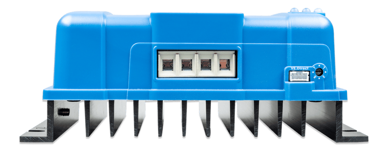 Detailed front view of the PV and battery terminals and VE.Direct port on a solar controller