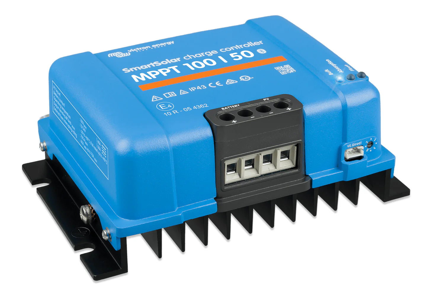Angled side view of MPPT solar controller showing aluminium heat sink and data connection port