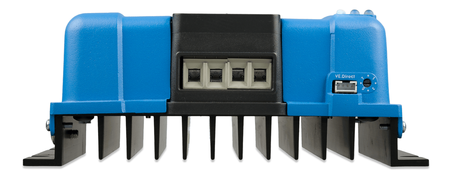 Close-up of the battery and PV screw terminals on the base of the MPPT controller