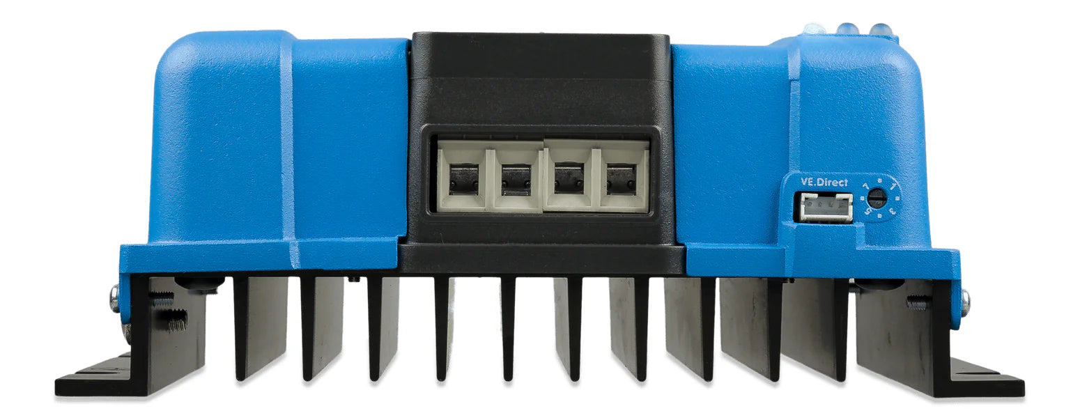 Close-up of the battery and PV screw terminals on the base of the MPPT controller