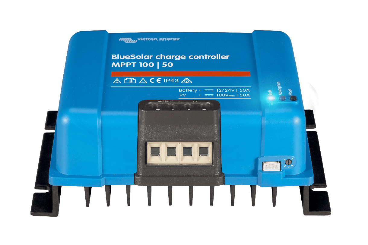 Close-up of BlueSolar controller base highlighting the VE.Direct port and rotary switch