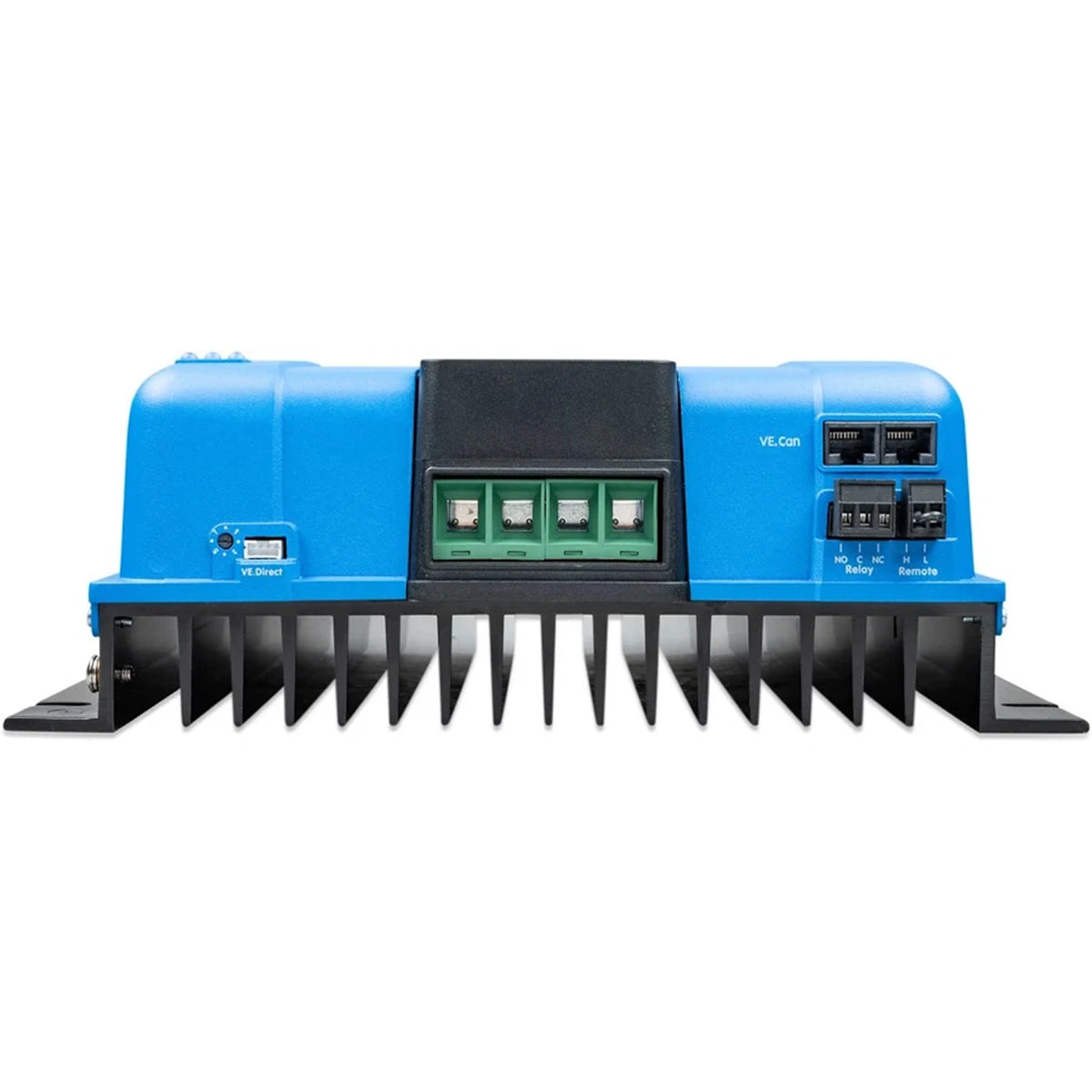 Technical view of the Victron MPPT connection area showing power terminals and communication ports