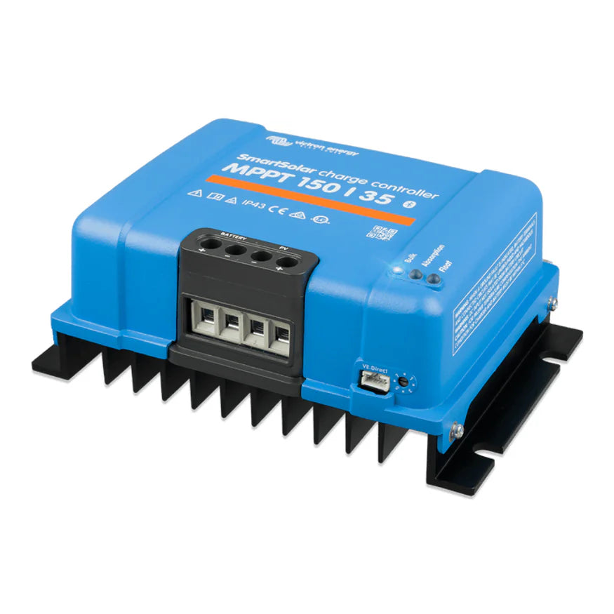 Angled view of the solar controller showing the black heatsink fins and connection ports