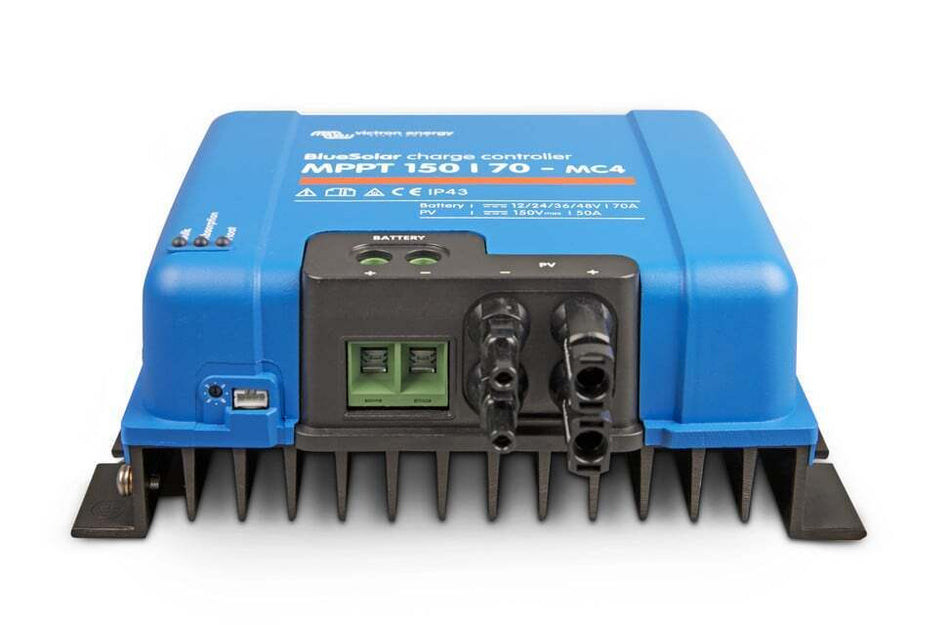 Angled view showing heatsink fins and connection ports of the MPPT 150/70 charge controller