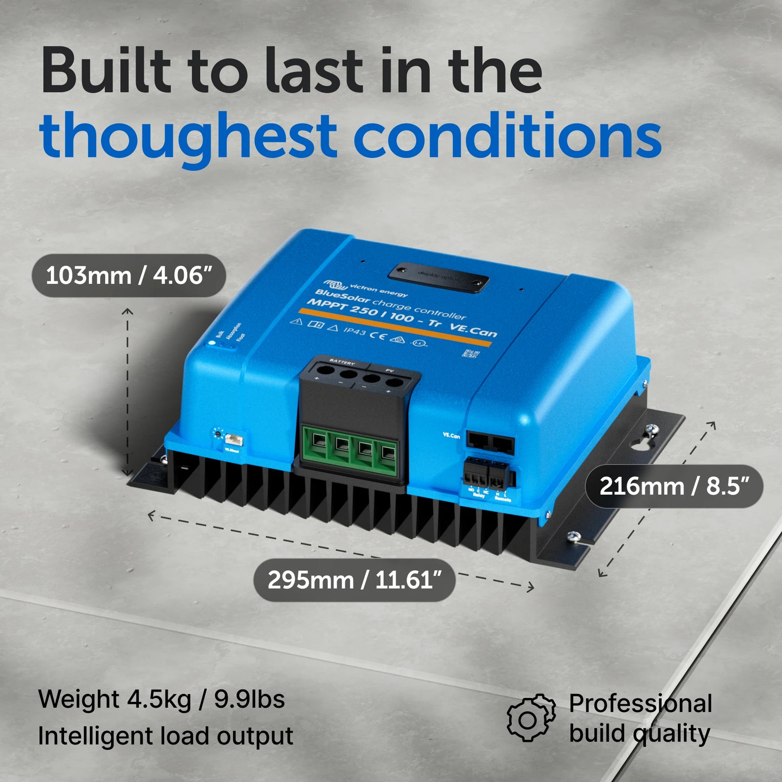 Isometric view of BlueSolar MPPT 250/100 with dimension and weight overlays