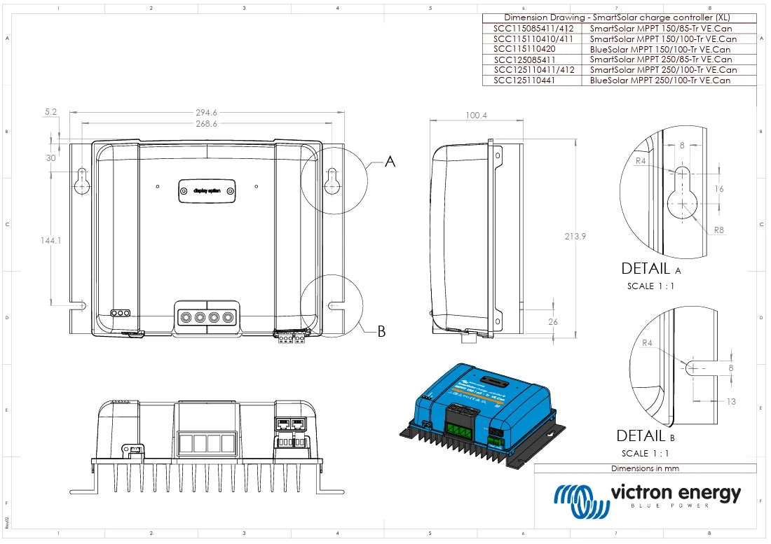 Engineering dimensional drawing of the BlueSolar MPPT charge controller enclosure