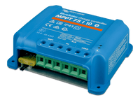 Angled view of MPPT 75/10 controller showing wiring terminal block and replaceable blade fuse