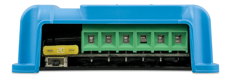 Close-up of the screw-down terminals and yellow 20A fuse on a SmartSolar controller