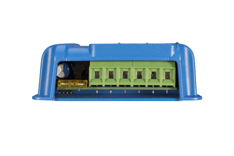 Close-up of terminal connections and replaceable 20A fuse on the bottom of a Victron charge controller