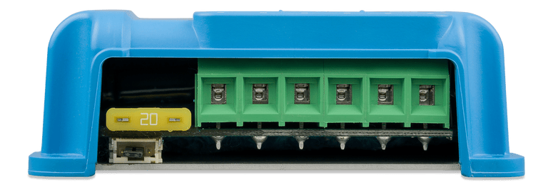 Close-up of the connection terminal block and user-replaceable 20 amp fuse on a solar controller