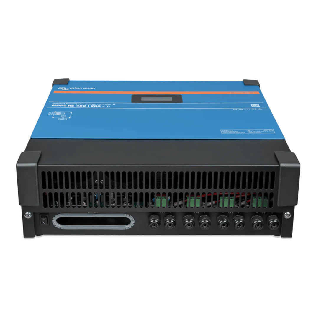 Bottom panel view of the Victron MPPT RS 450/200 with cable glands and power switch