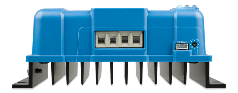 Bottom-up view focusing on VE.Direct port and terminal entries of the MPPT controller