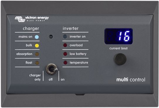 Victron Multi Control panel installed in the wall-mount enclosure showing status LEDs and digital display