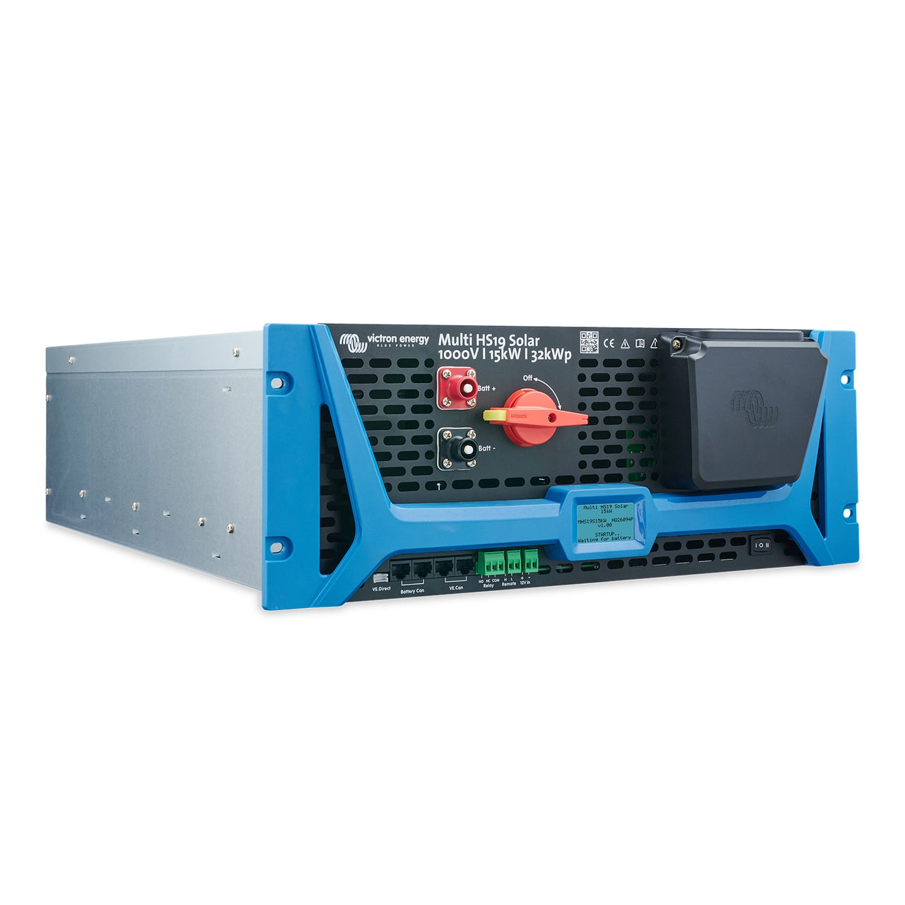 Perspective view of Victron Multi HS19 15kW solar inverter charger with blue fascia and integrated isolator