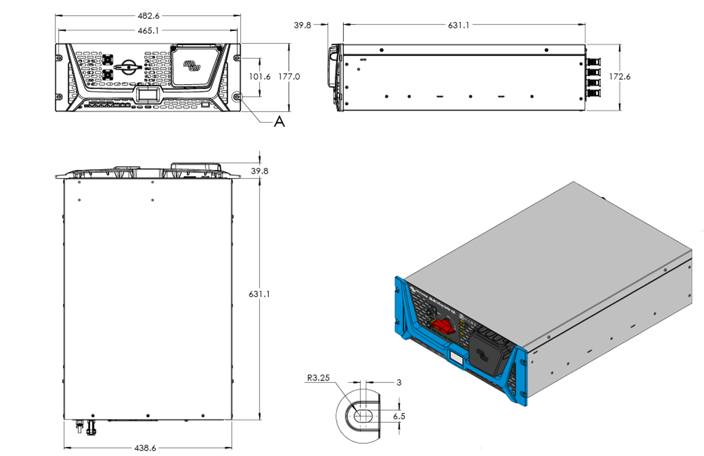 Dimensional drawing of Victron Multi HS19 inverter charger showing measurements in millimetres